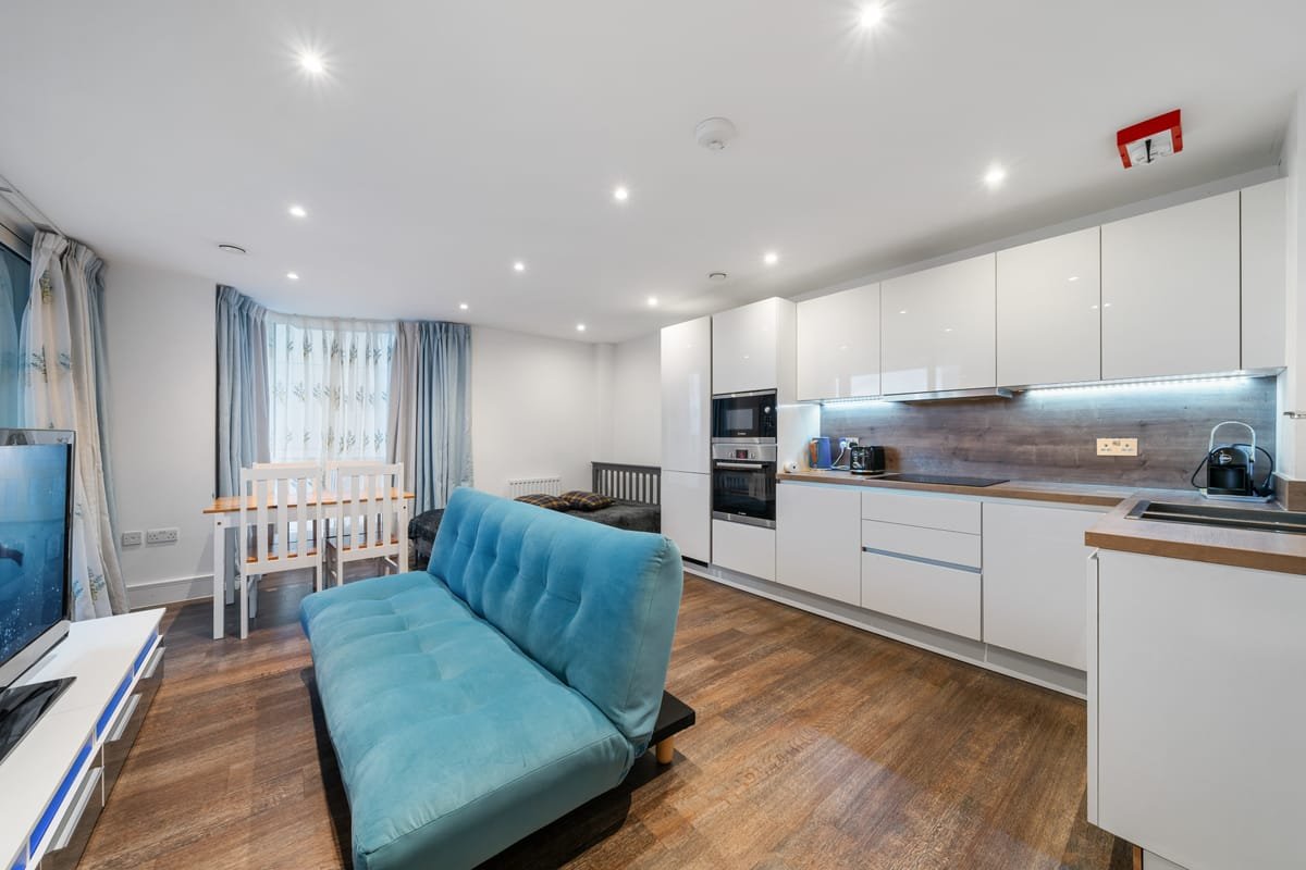 Riverside 1BR — living room & kitchen