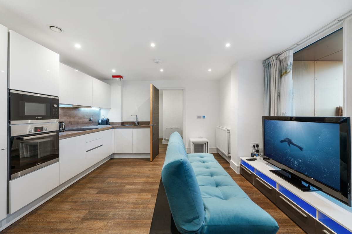 Riverside 1BR — living room & kitchen