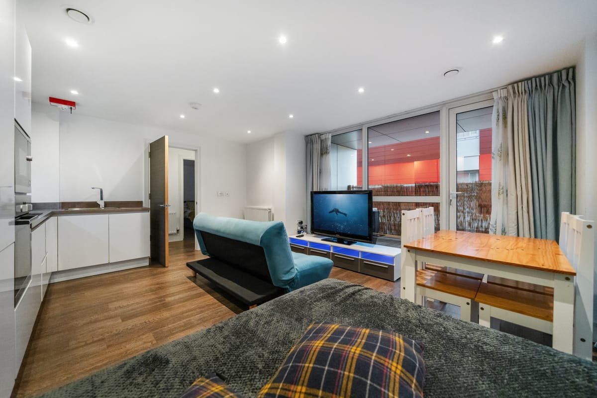 Riverside 1BR — living room & kitchen