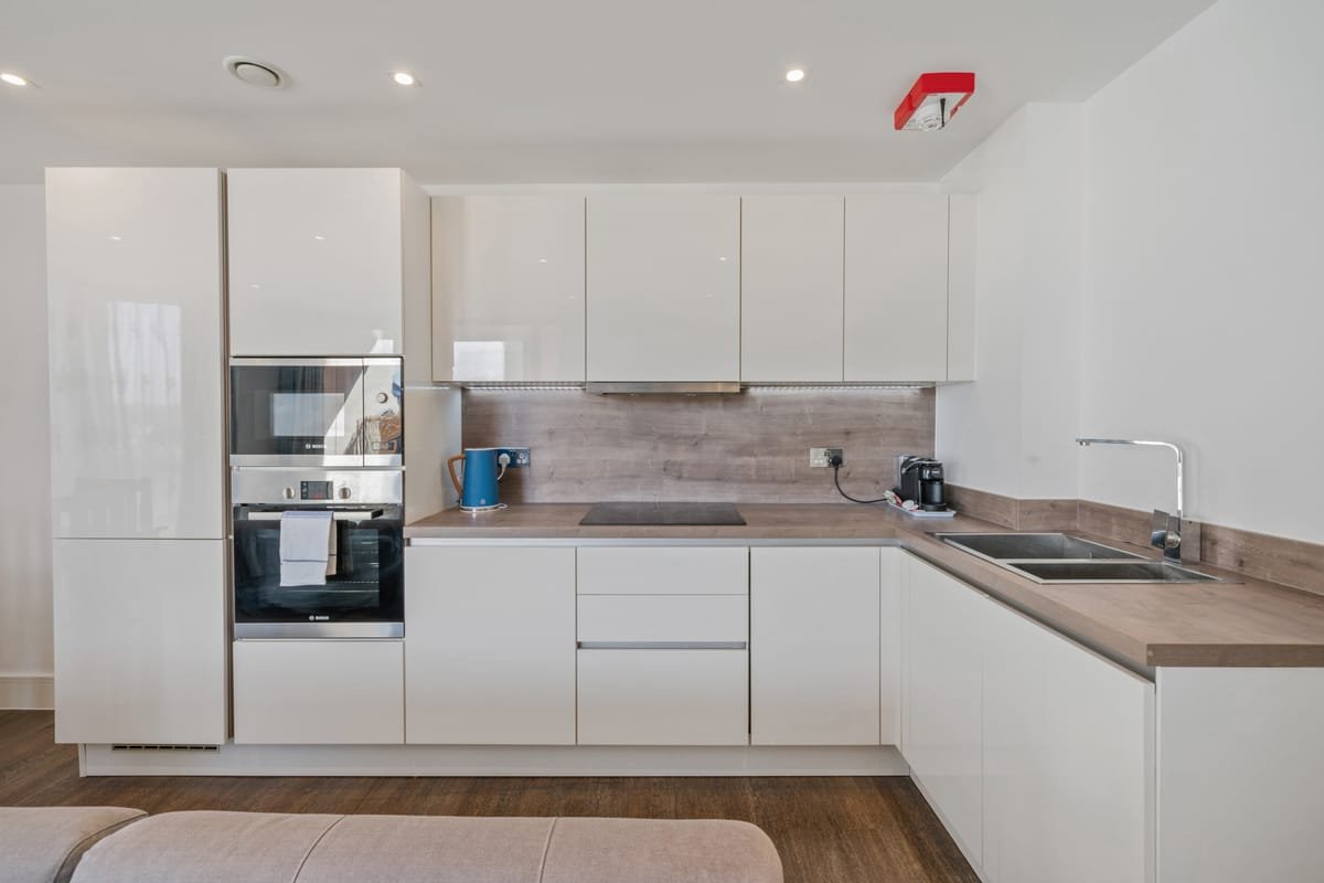 Riverside 1BR — living room & kitchen